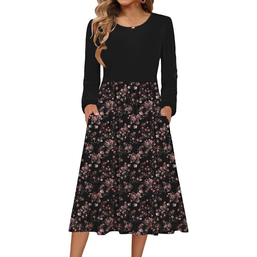 Zeagoo Women Pat4 Long Sleeve Flowy A-Line Boho Long Dress with Pockets